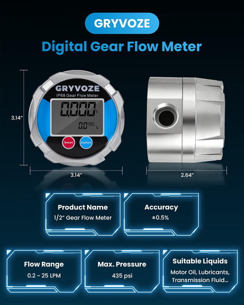 Half Inch NPT Digital Gear Flow Meter Pro Grade With 0.5 Percent Accuracy Reads 0.05 To 6.6 GPM Ideal For Low Flow And High Viscosity Liquids Like Motor Oil Lubricants Antifreeze And Hydraulic Systems
