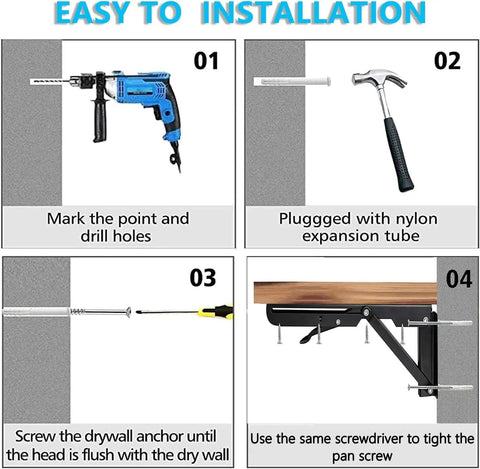 Step-by-step instructions for installing Heavy Duty Folding Shelf Bracket Six Inch Wall Mounted Collapsible Workbench Support.