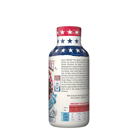 Heavy Hitting Ultrasonic Gun Cleaner 4X Ultra Concentrated Solution 4 oz bottle with eco-friendly label details.