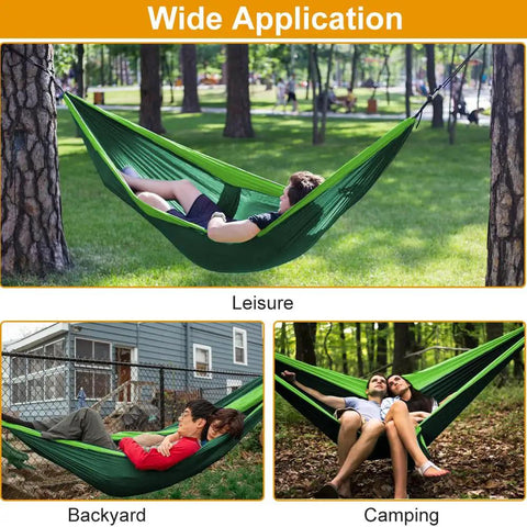 All In One Camping Hammock With Heavy Duty Tree Straps 660 lb Capacity in various outdoor settings