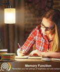Woman studying under Floor Lamp With Remote And Foot Control Rustic Standing Light With Four Color Temperature Modes Jade Matte Glass Shade Farmhouse Style For Living Room And Bedroom 9W LED Included Black