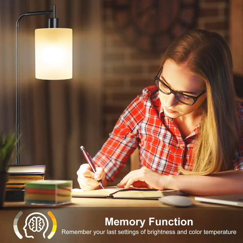 Woman studying under Floor Lamp With Remote And Foot Control Rustic Standing Light With Four Color Temperature Modes Jade Matte Glass Shade Farmhouse Style For Living Room And Bedroom 9W LED Included Black