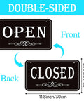 Open Closed Sign For Biz 12x6.7 Inches Waterproof Double Sided Hanging Sign front and back view with size dimensions.