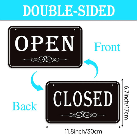 Open Closed Sign For Biz 12x6.7 Inches Waterproof Double Sided Hanging Sign front and back view with size dimensions.