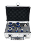 Tile drill bit set in a metal case with blue diamond-coated core bits in 8 sizes (6/8/10/12/20/25/32/35mm) and a 35mm chamfer bit