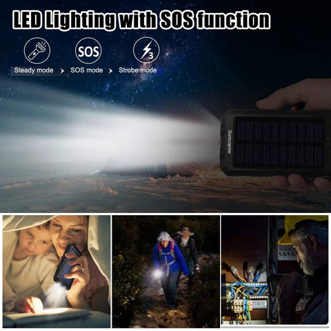 Rugged 8000mAh Solar Charger Power Bank For Outdoor Adventures, showing LED lighting effectiveness in various scenarios.