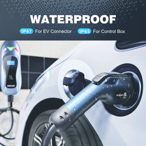 Level 2 EV Charger, 40 Amp Electric Car Charging Beast, 240V Portable EV Charger With 25 Ft Heavy Duty Cable, Nema 14-50 Plug, Quick Juice Fast Fill For All Sae J1772 Rides And Hybrids Today, displaying waterproof features with water droplets.
