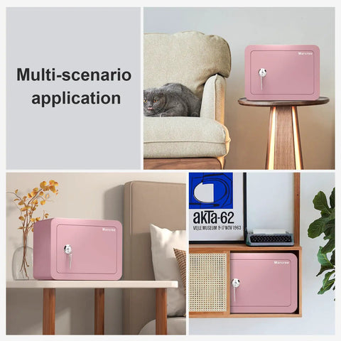 Pink Home Safe Box For Kids And Money on shelf, compact lock box with key, mini safe for home security, discreet and stylish design