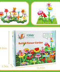 Flower Garden Building Toy With Insect Pegs 153 Piece STEM Stacking Pretend Play Set box with colorful flowers and dimensions shown