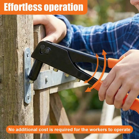 Using Rivet Gun Kit With Four Heads And 100 Rivets on metal plate, ideal for auto repair and DIY projects, showing effortless operation