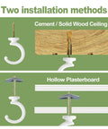 Two installation methods for Top Notch Ceiling Hooks For Hanging Plants And Storage Gear Featuring Tough As Nails Steel Swag Hooks.
