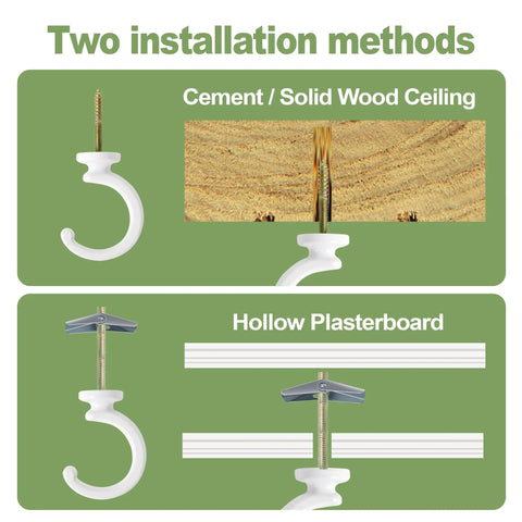Two installation methods for Top Notch Ceiling Hooks For Hanging Plants And Storage Gear Featuring Tough As Nails Steel Swag Hooks.