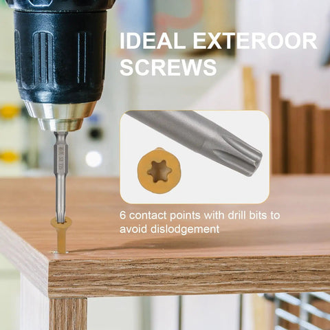 Rock Solid 8 Inch X 1 1/2 Flat Head Wood Screws With T25 Torx Drive For Outdoor Fencing being driven into wood.