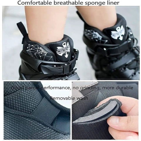 Close-up of outdoor black inline skates for adults and kids, showing comfortable sponge liner and shock-absorbing insole