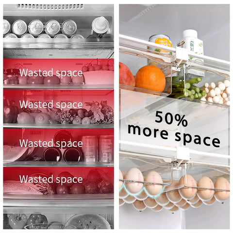 Comparison showing fridge before and after using Fridge Egg Holder Drawer Organizer For Easy Egg Storage In Your Refrigerator And Mini Fridge Pull Out Tray Fits Shelves Under 0.6 Inches Keeps Eggs Fresh And Doubles As A Small Fruit And Veggie Keeper.