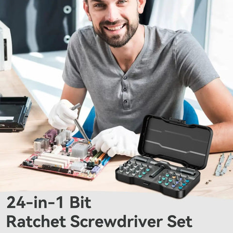 Person using 24 In 1 Magnetic Ratchet Screwdriver Set With Case And Detachable T Handle, Mini Precision Bit Kit on electronics