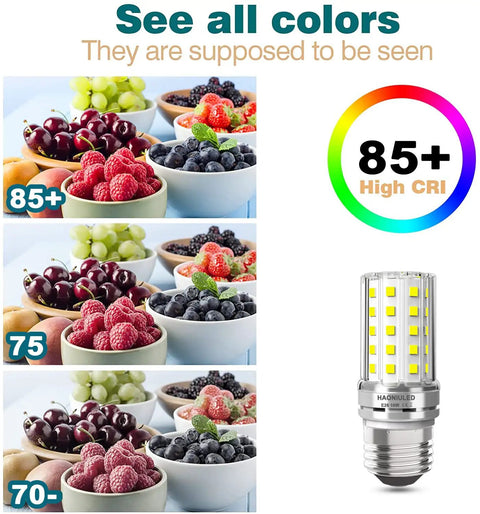 Killer Brightness 10W LED Bulbs 1000 Lumen 6000K Daylight White, high CRI comparison with fruits in bowls, 85+ CRI focus.