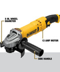 Four And A Half To Five Inch Trigger Grip Angle Grinder Workhorse With A 13 Amp Motor And Dust Ejection System for grinding.