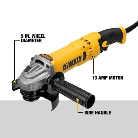 Four And A Half To Five Inch Trigger Grip Angle Grinder Workhorse With A 13 Amp Motor And Dust Ejection System for grinding.