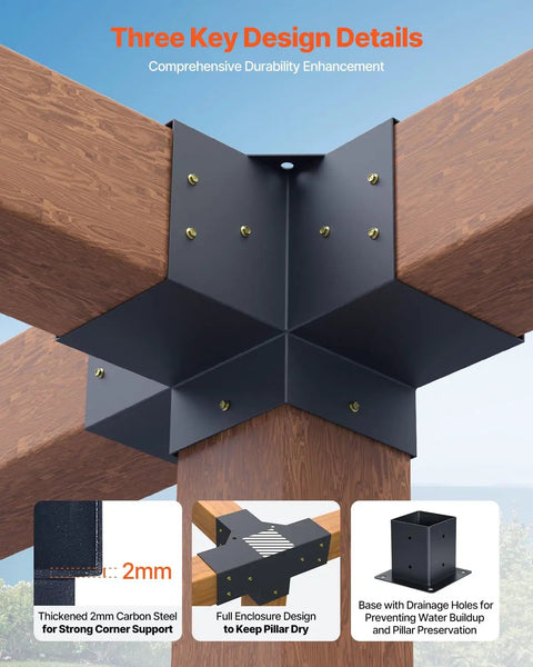 4x4 Pergola Brackets Kit For 3.5x3.5 Inch Wood Beams With 3-Way Brackets (4 Pieces) And 4-Way Brackets (2 Pieces) Plus 6 Post Bases For Outdoor Pergolas Gazebos And Sheds, Easy Install, Heavy Duty And Weather Ready