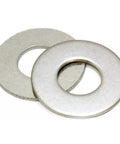 Two stainless steel flat washers; inner diameter 1/4 in, outer diameter 5/8 in, 0.078 in thick