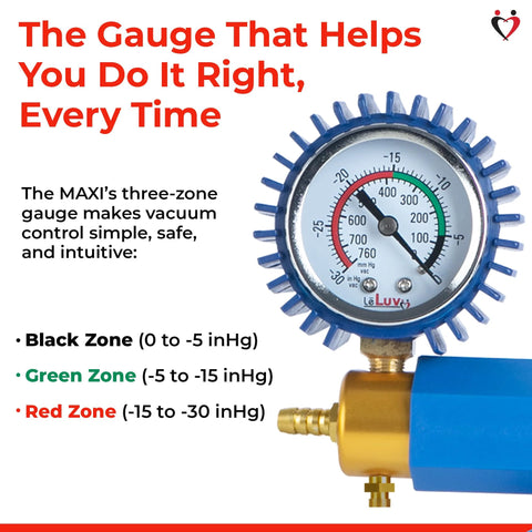 LeLuv Maxi blue vacuum pump handheld unit with brass connector and dial pressure gauge with color zones.