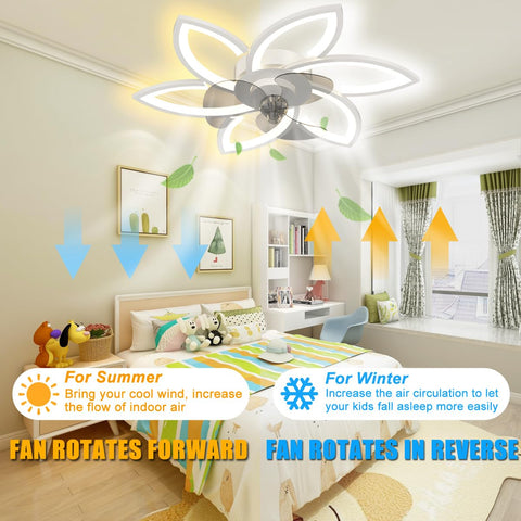Dope 30 Inch Ceiling Fan With Lights Remote Control Dimmable shown above a modern bedroom setting with color rotation guide.