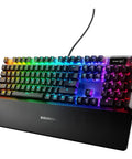 Top Shelf Mechanical Gaming Keyboard Featuring Heavy Duty Aluminum Chassis And Smart Display For Live Game Stats with RGB lighting.