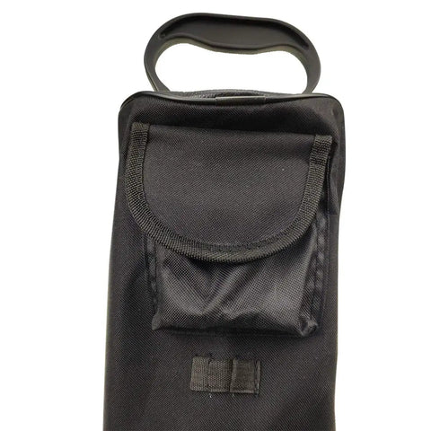 Top view of No Bend Golf Ball Retriever With Detachable Shag Bag showing black canvas material and portable handle.