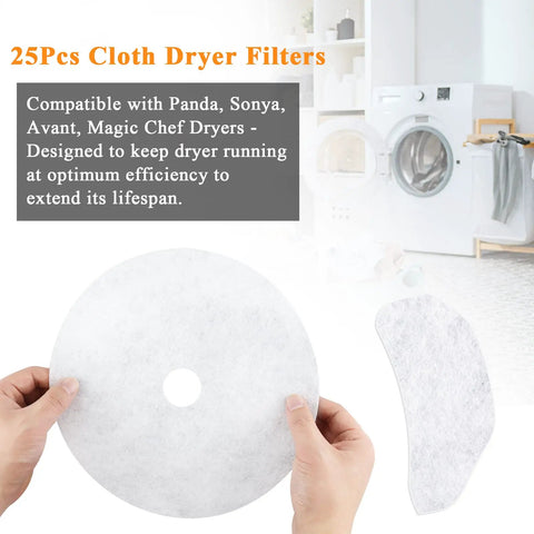 25 Pack Cloth Dryer Exhaust Filters Set With 20 Exhaust Paper Filters And 5 Air Intake Filters Universal Cloth Lint Filter Replacement For Most Front Load And Top Load Dryers Must Have For Quick Clean Airflow displayed with hands showing round filter and dryer in background