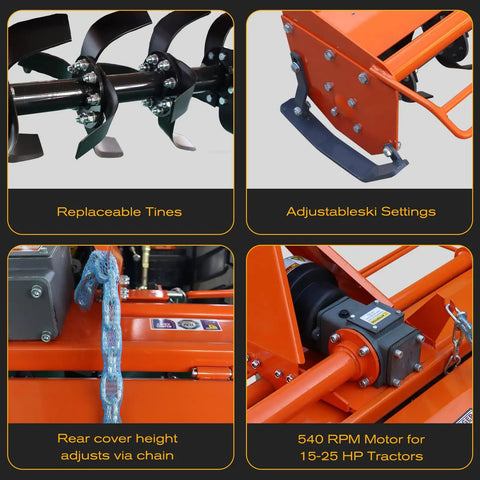 Lightweight 49 Inch Three Point Rotary Tiller for Category 1 Tractors with adjustable ski settings and replaceable tines