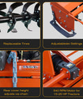 53 Inch Rotary Tiller Attachment For 3 Point Cat 1 Tractors features replaceable tines, adjustableski settings, rear cover height adjustment, 540 RPM motor