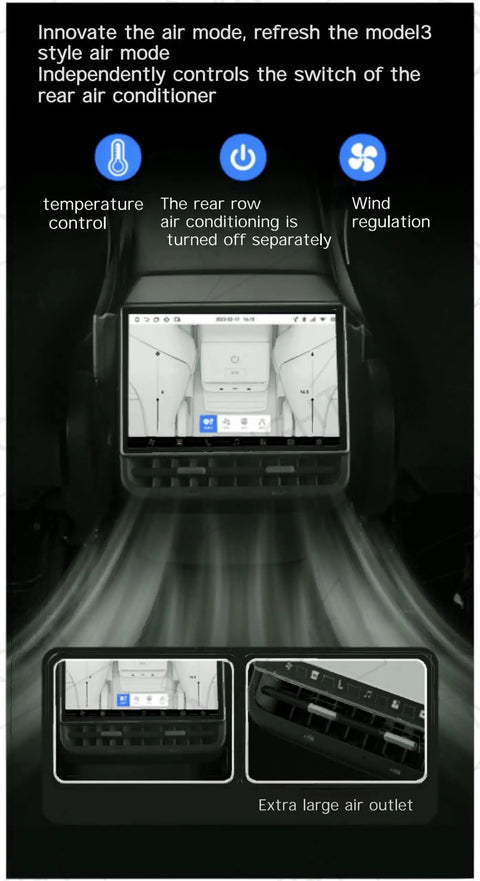 Slick Aftermarket Rear Seat Entertainment Screen For Tesla Model 3 And Model Y With 8.66 Inch HD touchpad displaying air conditioning controls.