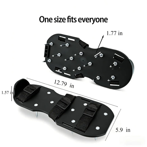 Universal Fit Lawn Aerator Shoes With Two Inch Spikes And Adjustable Straps, Easy To Assemble, shown with spike and strap details.