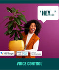 Woman holding plant with Smart LED Strip Starter Kit 6.6 Foot With 3.3 Foot Extension Full Color Low Voltage Lighting Connects To Your Wi Fi Network No Fuss Setup Control With Voice Or App Works With Google Home Alexa And Siri Shortcuts voice control icons.