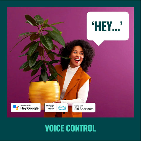 Woman holding plant with Smart LED Strip Starter Kit 6.6 Foot With 3.3 Foot Extension Full Color Low Voltage Lighting Connects To Your Wi Fi Network No Fuss Setup Control With Voice Or App Works With Google Home Alexa And Siri Shortcuts voice control icons.