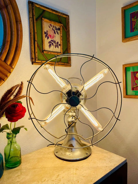 Vintage fan with T10 LED Long Bulbs 4W Dimmable Tubular Filament Bulbs, 40W Equivalent, styled as light fixture.