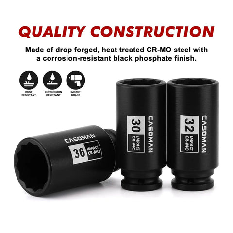 One Half Inch Drive Deep Axle Nut Impact Socket Set 12 Point Metric CR MO Heavy Duty 8 Piece 29 30 32 34 35 36 38 39 Millimeters