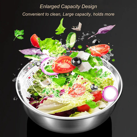 Kickass Electric Salad Spinner With Slick Usb Rechargeable Motor Stainless Steel Bowl For Crispy Greens And Fresh Fruit Hassle Free Cordless Kitchen Game Changer You Will Love, large stainless steel bowl with fresh salad ingredients.