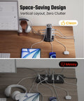 Heavy Duty Tower Power Strip Game Changing Surge Protection With Retractable Cable Featuring Twelve Wide AC Outlets Plus Four Fast Charging USB Ports For Easy Setup with organized and messy cable layouts.