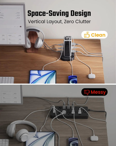 Heavy Duty Tower Power Strip Game Changing Surge Protection With Retractable Cable Featuring Twelve Wide AC Outlets Plus Four Fast Charging USB Ports For Easy Setup with organized and messy cable layouts.
