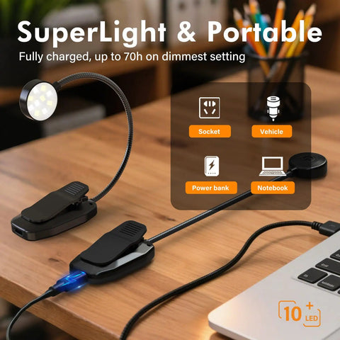 2 Pack Rechargeable Clip On Book Light With 10 LEDs, Eye Friendly Illumination on desk, showing USB charging and clamps