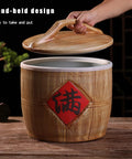 Top Notch Ceramic Rice Jar With Heavy Duty Airtight Sealed Lids For Organizing Bulk Grains And Cereals Roomy pantry dispenser with wooden lid.
