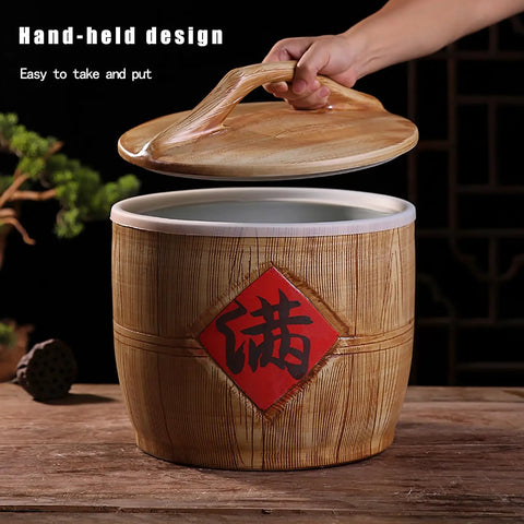 Top Notch Ceramic Rice Jar With Heavy Duty Airtight Sealed Lids For Organizing Bulk Grains And Cereals Roomy pantry dispenser with wooden lid.