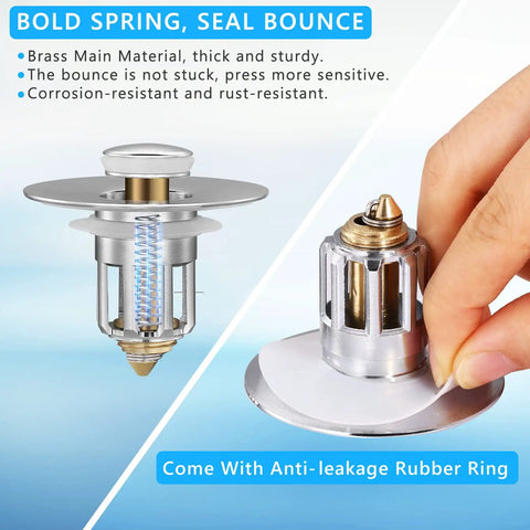 Full Brass Universal Pop Up Sink Stopper Set Pack Of 2 With Detachable Filter Basket Hair Catcher Chrome Finish Durable Drain Strainer for bathroom sinks