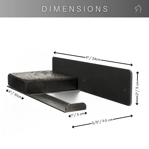 Dimensions of Pretty Tough Wall Mount Toilet Paper Holder With Rustic Charcoal Wood Shelf, Heavy Duty Steel Bathroom Roll Rack.