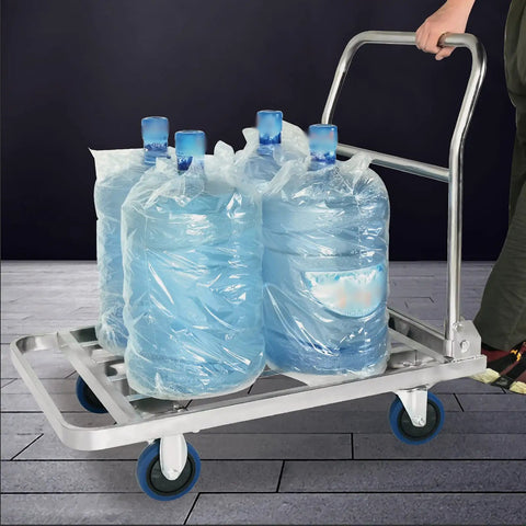 Foldable Hand Truck Cart For Heavy Duty Moving With Hollow Flatbed Platform Designed For Easy Transport Of Luggage Boxes And Grocery Runs Ideal For Home Office Warehouse Use, with water jugs