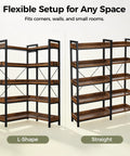 Five Tier Corner Bookshelf Sturdy Metal Frame 14 Inch Tall Shelves Plant Stand Storage Rack Vintage Brown L-Shape and Straight Display