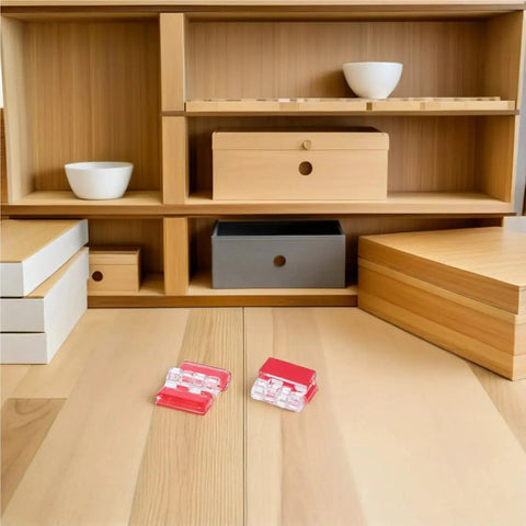 Peel And Stick Clear Acrylic Cabinet Hinges 80 Pack No Drill Install in a wooden shelving unit with various boxes.