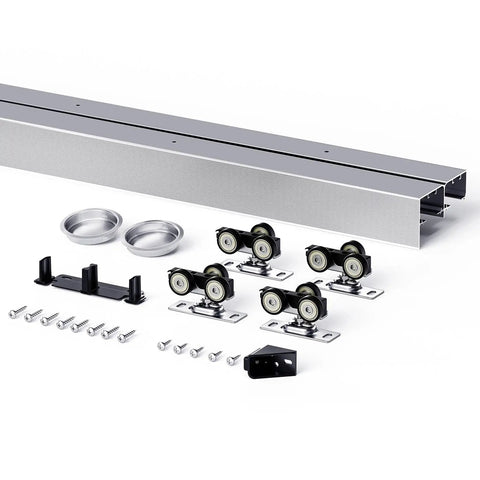 Bypass Double Sliding Pocket Door Hardware Kit 4ft Aluminum Track For 2 Door System, Commercial Grade components